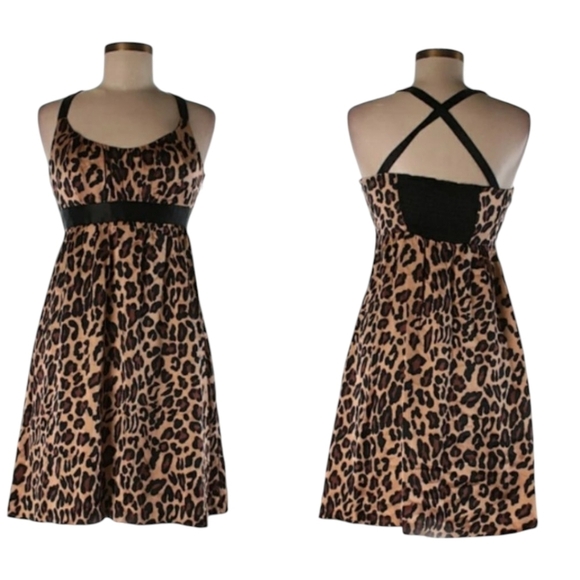 Animal Print 100% Silk Brown Black Babydoll Criss Cross Back Mini Dress Sz 4 - Picture 1 of 8